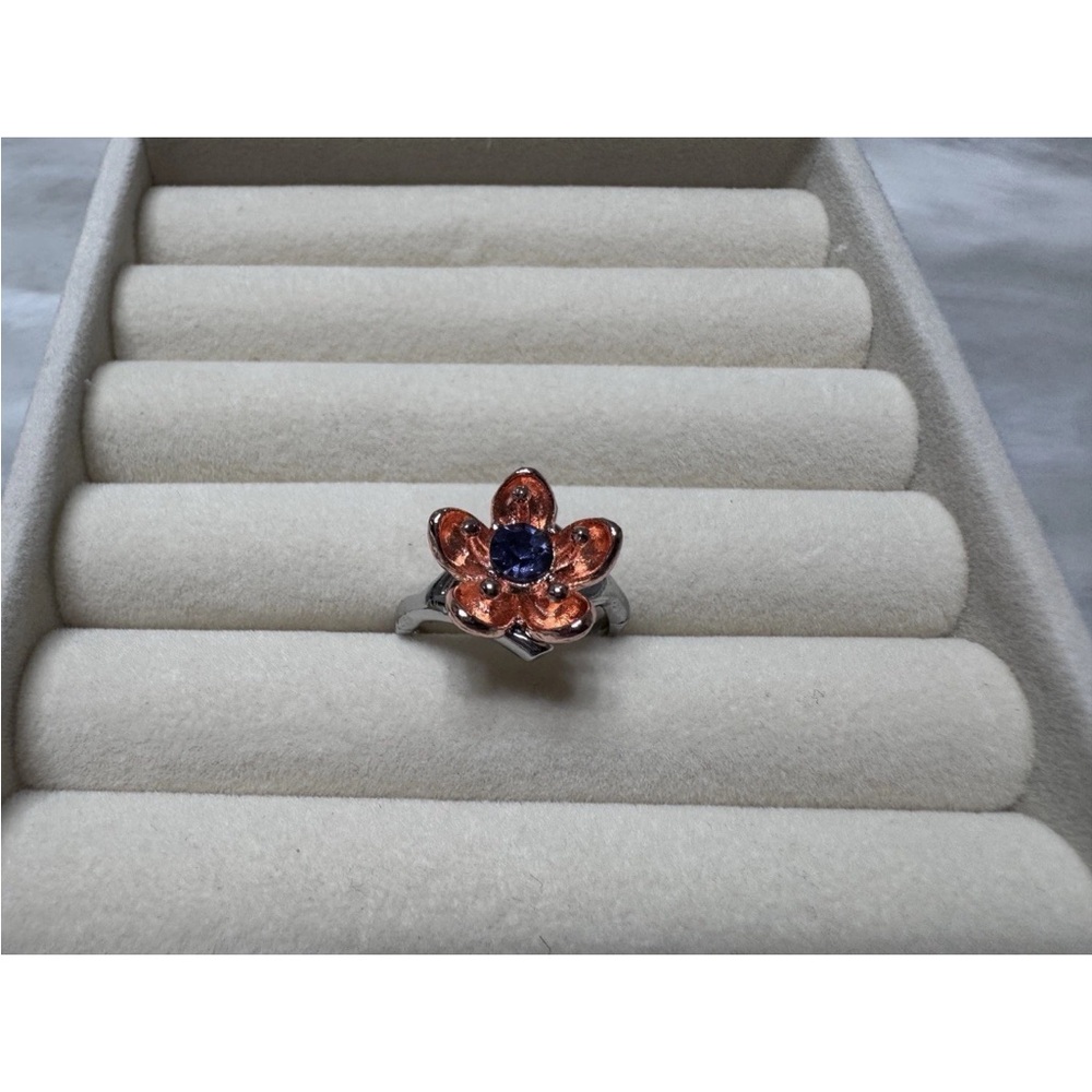 Jewelry Flower Ring with Orange Petals & Blue Center Glass Stone, Size 8